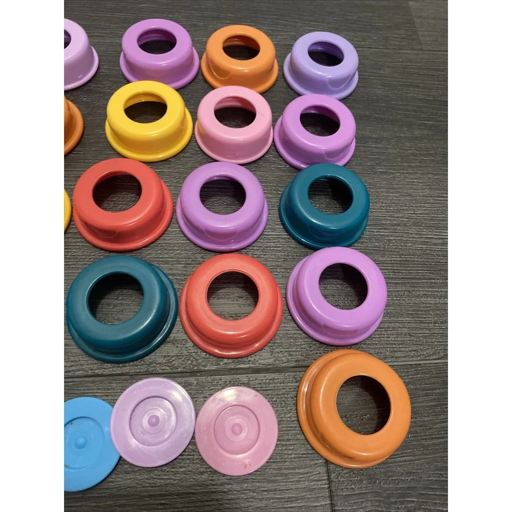 Vintage Colorful Baby Bottle Replacement Parts Caps, Bottle Rings, Seals